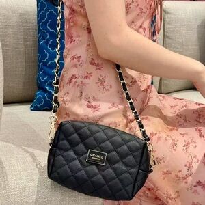 Chanel Black Leather Quilted Women's Makeup Pouch with Chain